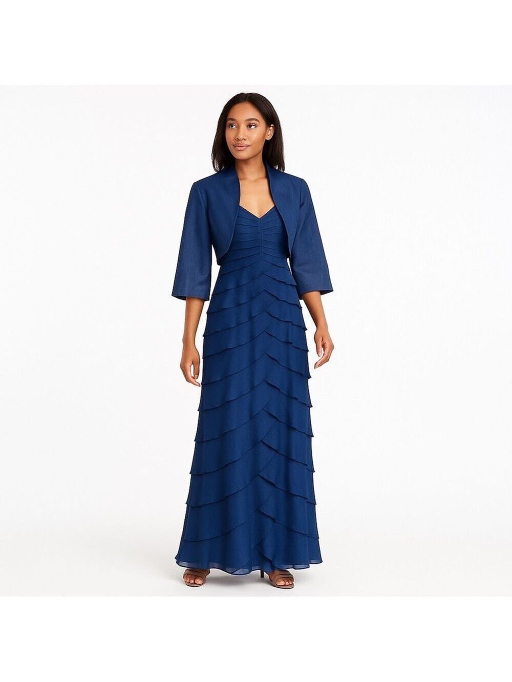 Adrianna Papell Mother Bride Groom Blue Tiered Chiffon Gown Bolero Wedding Guest